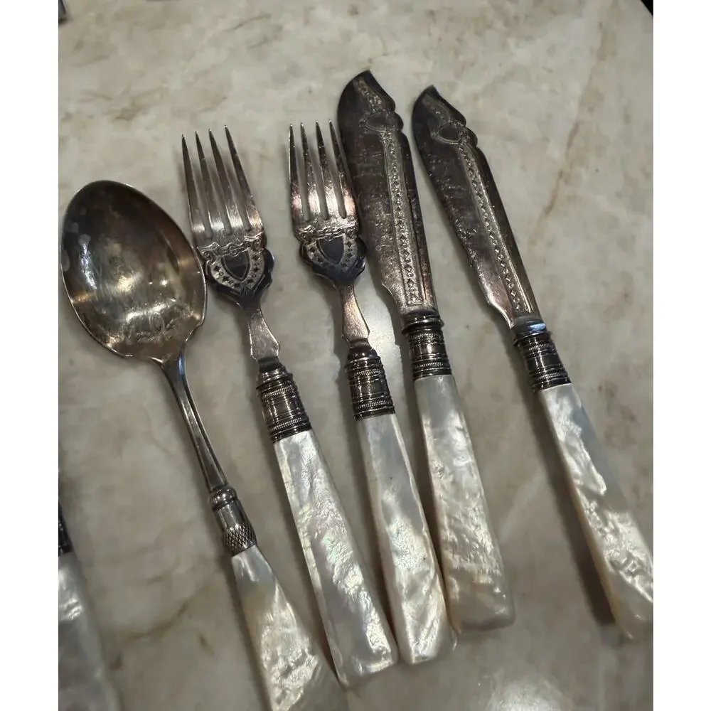Antique Mother of Pearl Silverware Victorian Period Set of 12 Pieces